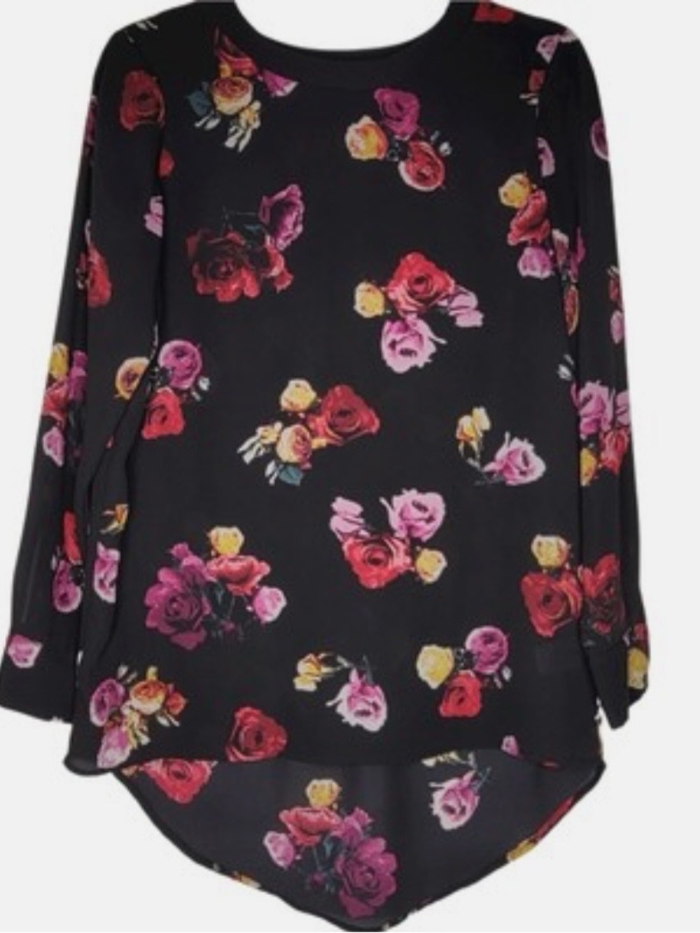 Thakoon Black Floral Long-Sleeve Blouse with Pink and Yellow Roses